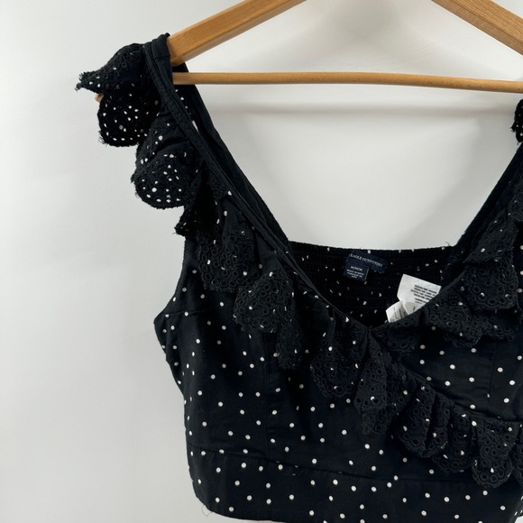 American Eagle Black & White Polka Dot Cropped Tank Top with Ruffle Trim - Picture 2 of 7